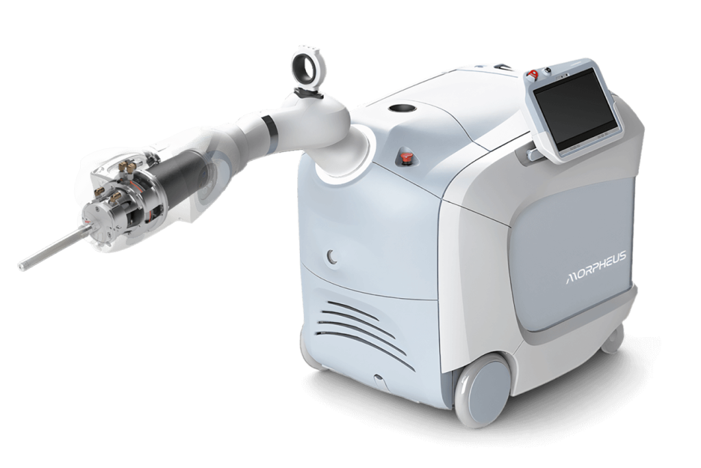 A 3D rendering of the Empyrean Morpheus robotic radiation therapy system.