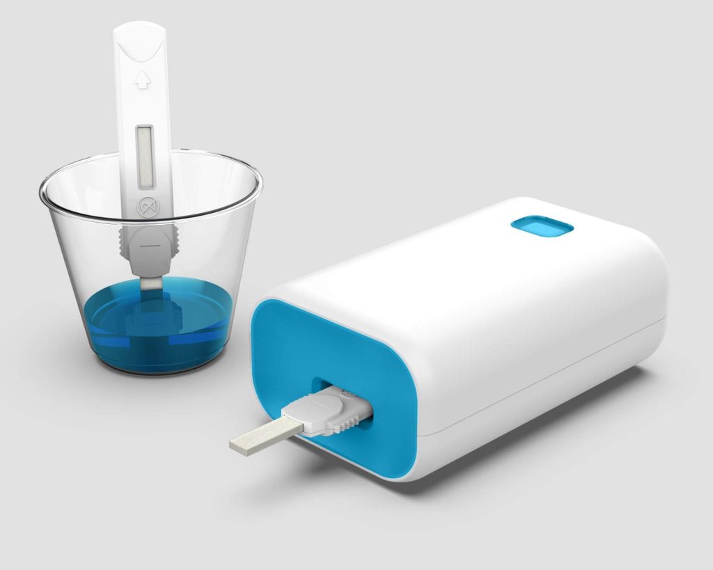 3D concept rendering of a small at-home diagnostics device and small plastic cup with blue liquid and a test stick with a light gray background.