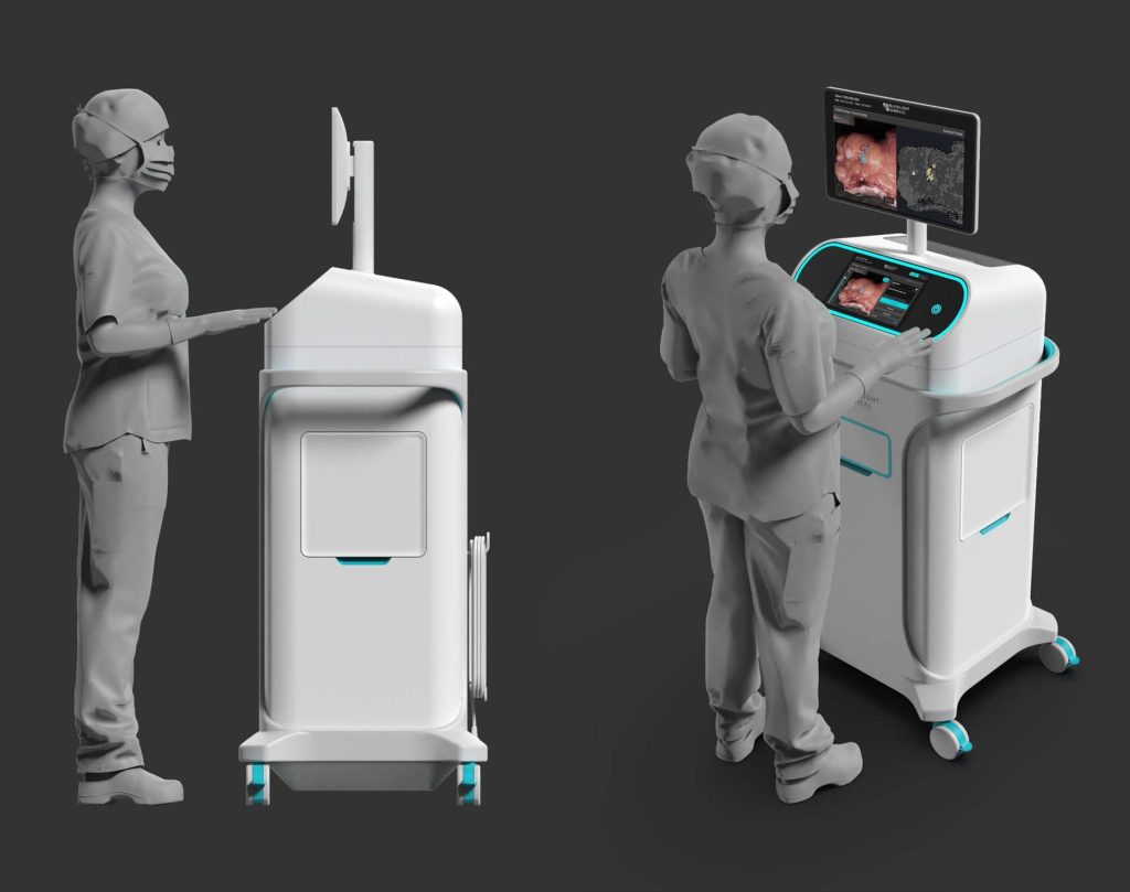 Medical professional operating BlackLight Surgical's advanced intra-operative tissue pathology medical device cart with dual screens displaying user interface, tissue pathology imagery, and diagnostic data.