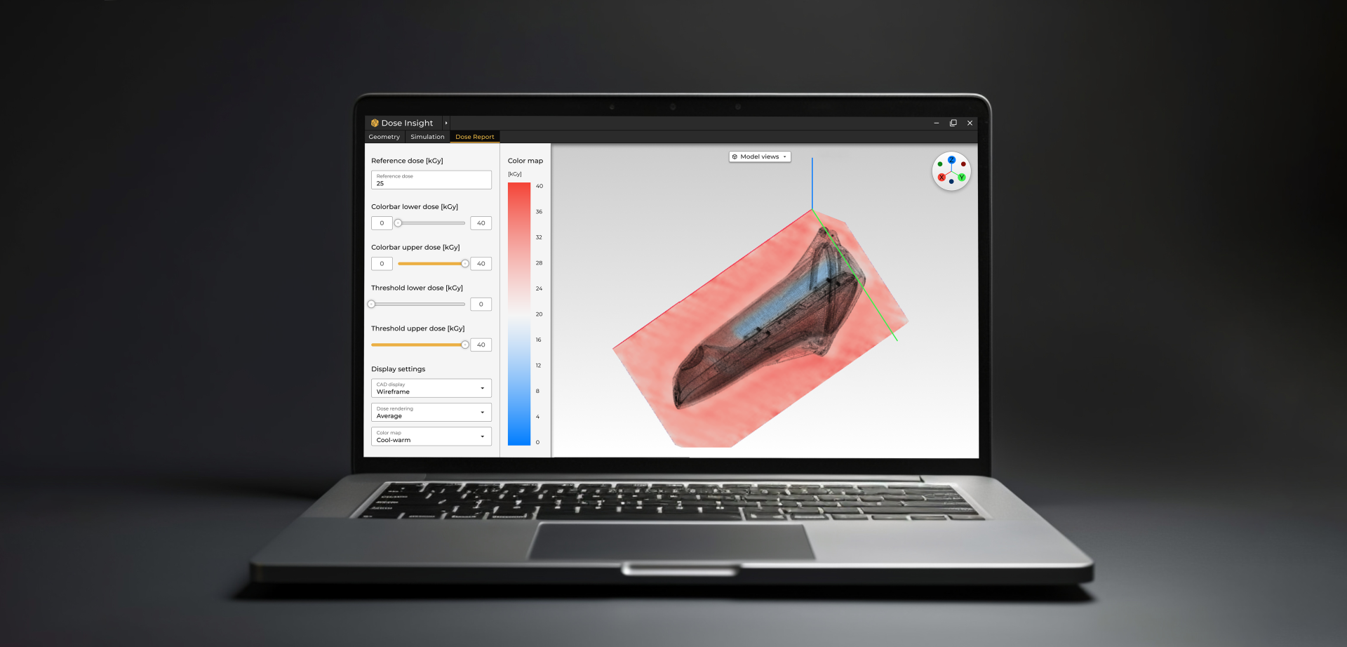 A laptop displaying Dose Insight's Design For Sterilization (DFS) software, a 3d model editing interface with a highlighted dose mapping on the shape.