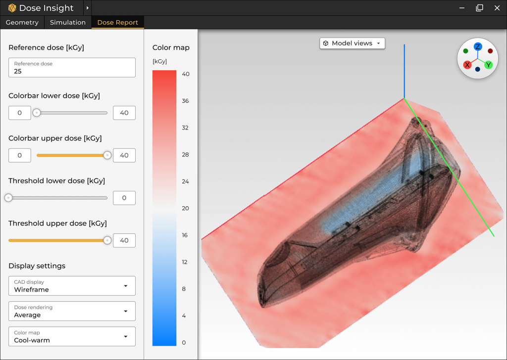 A screenshot of Dose Insight's Design For Sterilization (DFS) software showing the user interface and a 3d model with a highlighted dose mapping on the shape.