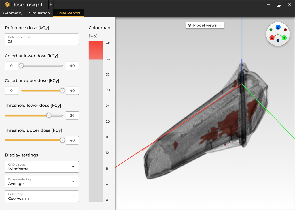 A screenshot of Dose Insight's Design For Sterilization (DFS) software showing the sterilization dose report mapped onto a 3d model.