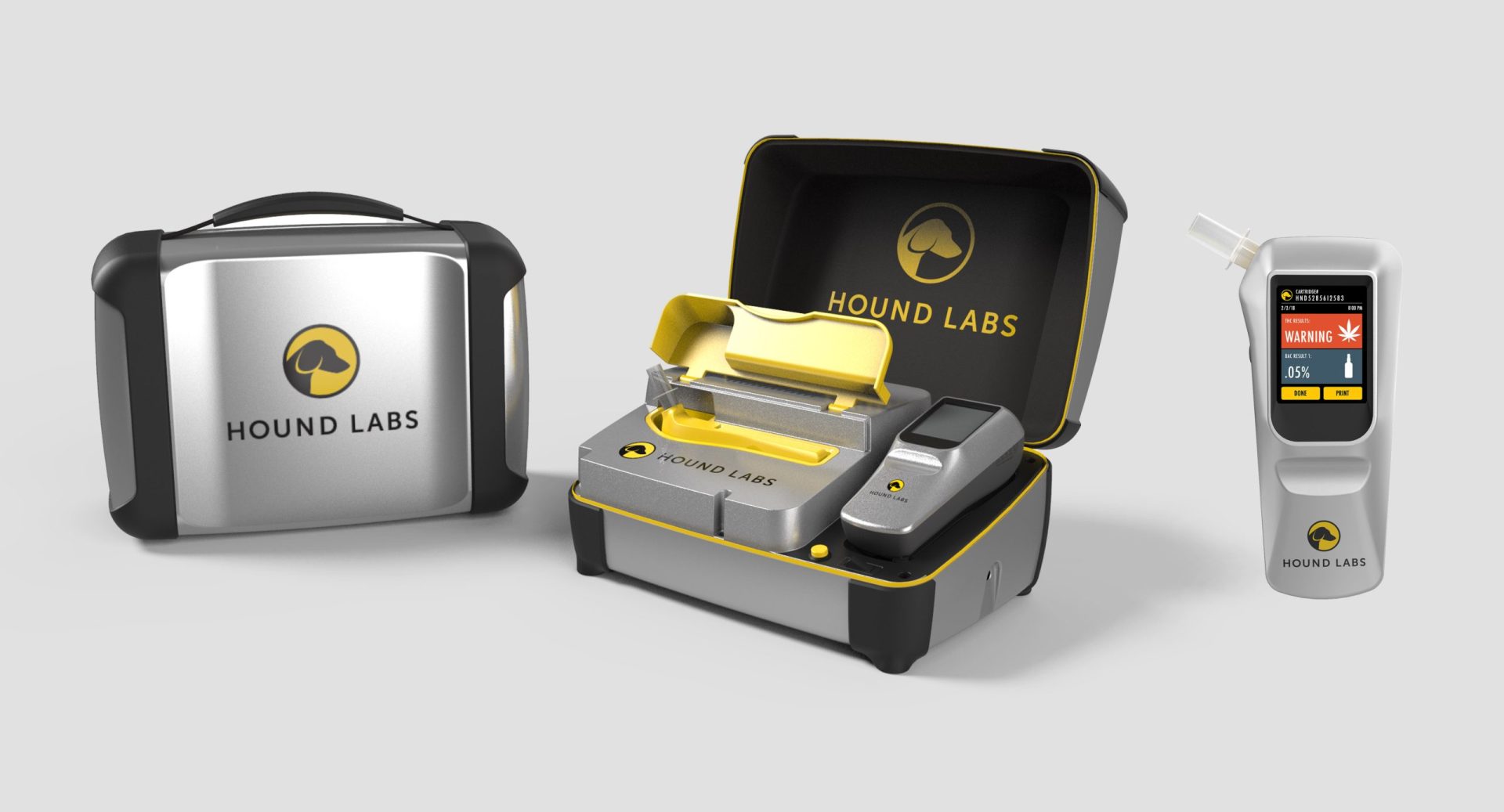 A portable cannabis breathalyzer kit by Hound Labs with carrying case and digital handheld device.