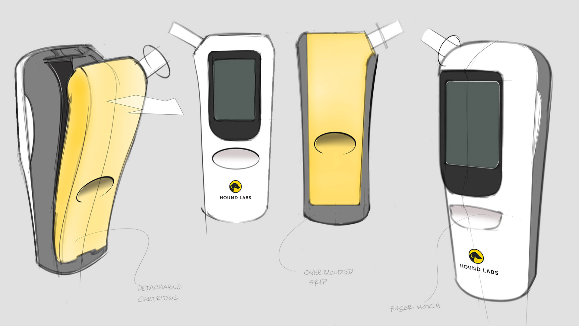 Four conceptual sketches of the handheld Hound Labs cannabis breathalyzer device with different design features highlighted.