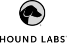 Silhouette of a dog's head profile within a circle on a black background.
