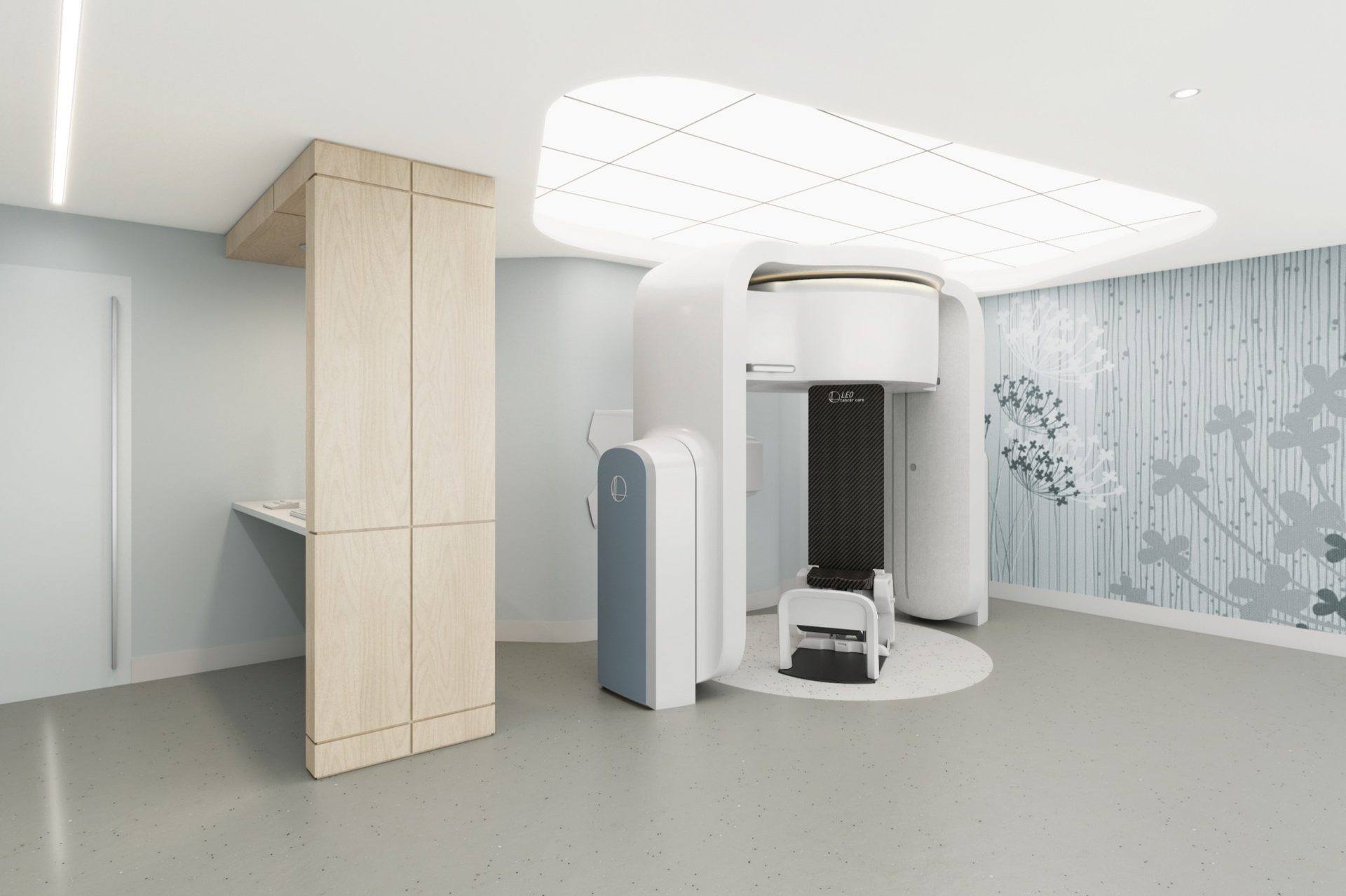 A modern clinic with the Leo Cancer Care upright radiation therapy system, comfortable seating, and calming interior design.