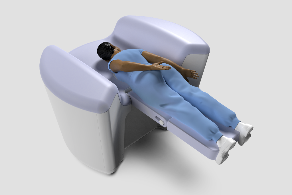 3d rendering of a person lying in Malcova's innovative new breast imaging system.