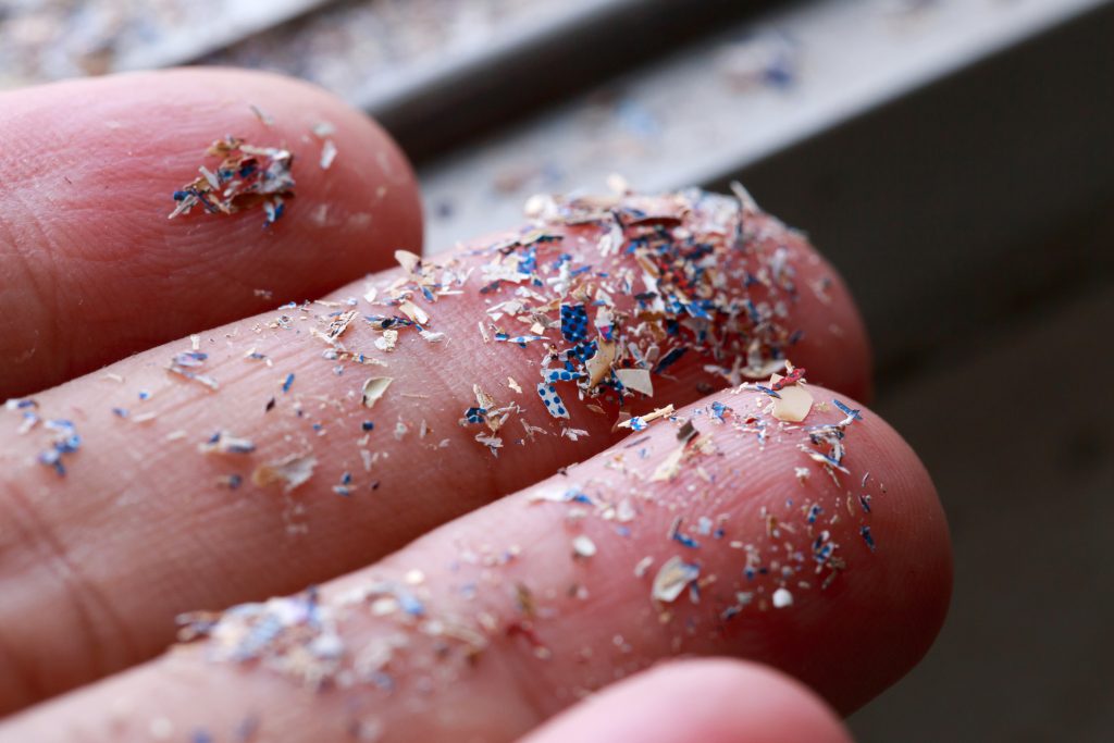 Close-up photograph of colorful microplastics on finger tips with gray background.