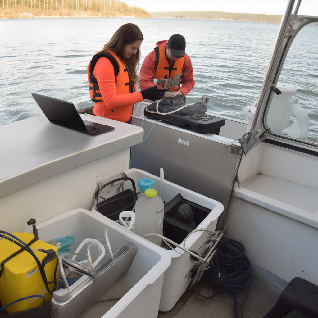 Two researchers in life jackets on a boat testing for microplastics in the surrounding water.
