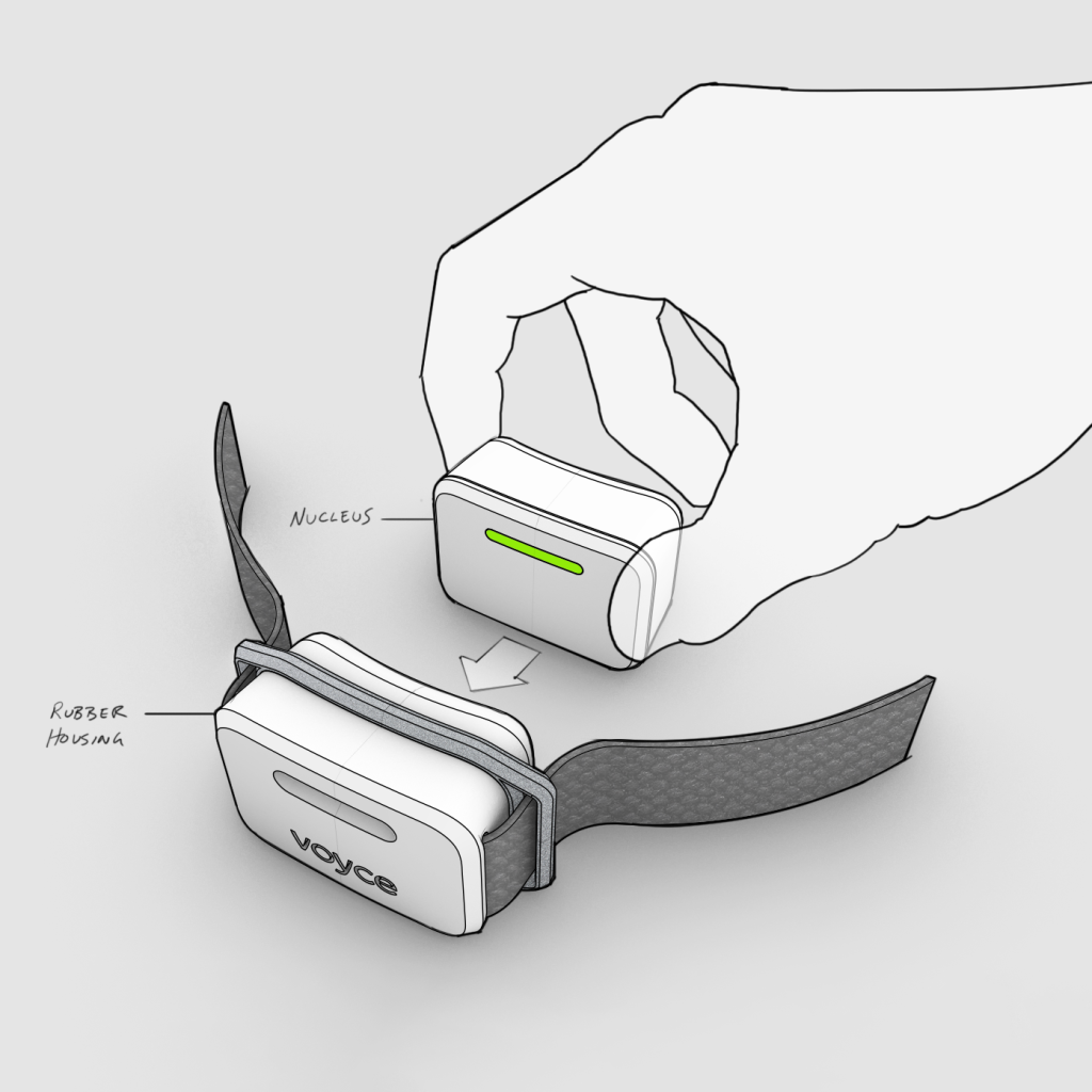 A drawing of a hand assembling the One Health Group's Voyce animal physiological monitor onto a collar.