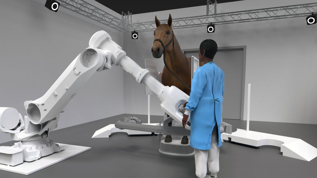 A close-up 3D rendering of the Prisma Imaging equine scanner with a female veterinarian in a blue coat, a brown horse, and the imaging system on a white robotic arm, shown in a large clinical room.
