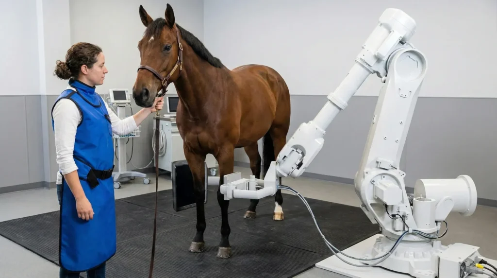A person holds a horse while a robotic arm—part of Prisma Imaging's robotic equine imaging system from Triple Ring Technologies’ case study—is positioned near the horse's leg in a veterinary clinic setting.