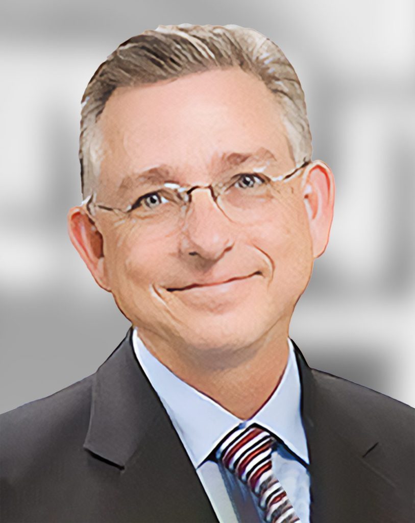 A portrait of a Scott Seaton, a smiling man with glasses wearing a suit and a striped tie.