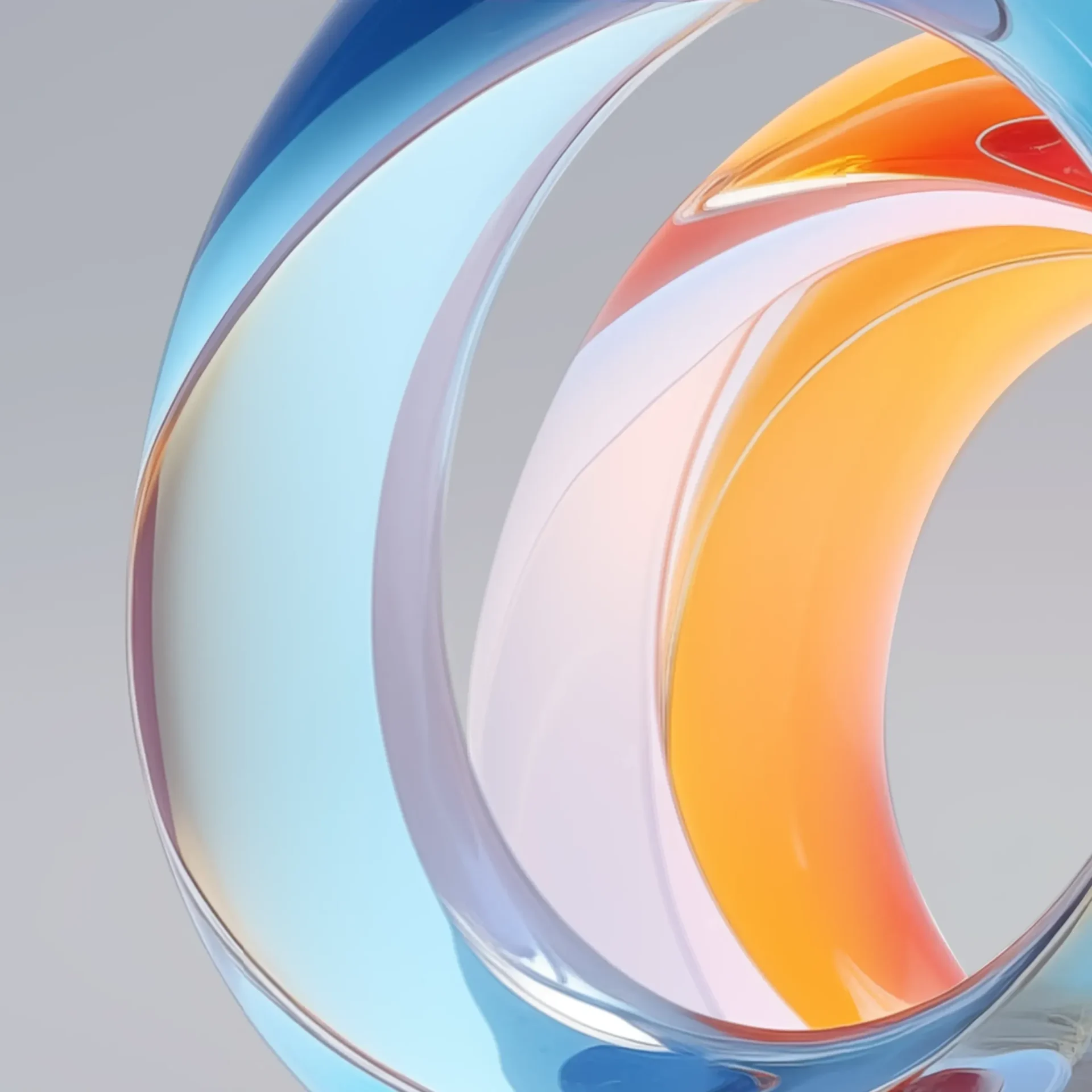 Abstract swirl with reflective surfaces in blue and orange hues, enhanced by triple ring technologies.