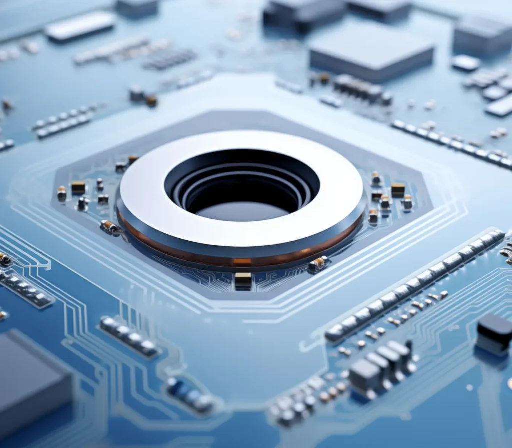 Close-up of a camera lens embedded in a circuit board, surrounded by electronic components.