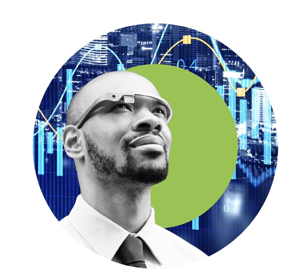 Man wearing smart glasses looks up, with city skyline and financial graphs in the background.