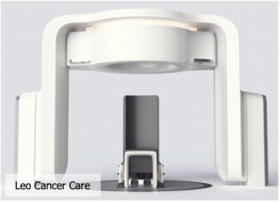 A white, modern medical device with a central circular structure and arm-like extensions, labeled "Leo Cancer Care," reflects the latest in breast cancer engineering breakthroughs.
