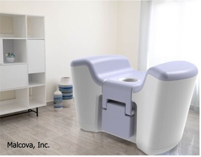 A modern medical examination chair with a lavender and white design is positioned in a bright room, reflecting breast cancer awareness, with shelves and vases in the background.