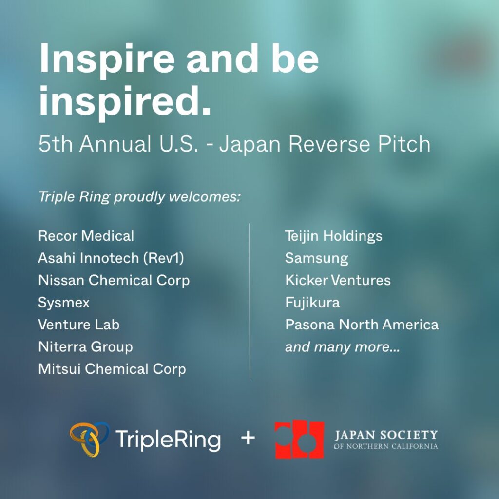 Event promotion image for the 5th Annual US/Japan Reverse Pitch Event, listing participating companies and featuring TripleRing and Japan Society of Northern California logos. Highlights include breast cancer engineering breakthroughs.