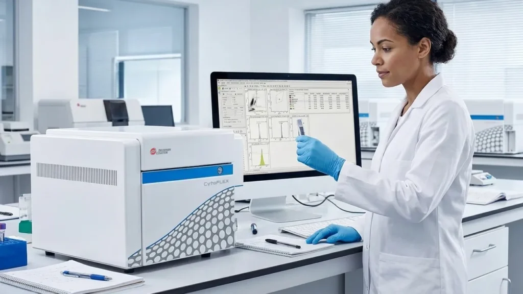 A scientist in a lab coat and gloves examines a vial near a Beckman Coulter Life Sciences Cytoflex flow cytometry analyzer, with data from algorithm development displayed on a computer screen in a modern laboratory setting.