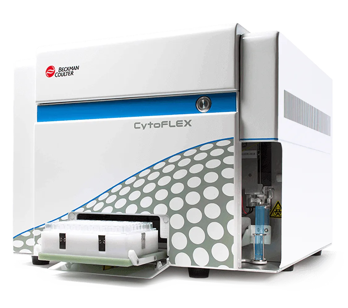 A Beckman Coulter CytoFLEX flow cytometer with a tray loaded for sample analysis, shown on a white background.