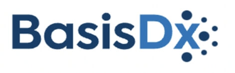 BasisDx logo with the text "BasisDx" in blue, the "Dx" in a lighter shade, and small blue dots arranged around the letter "x".