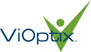 ViOptix logo with blue text and a green abstract checkmark shape that resembles a person with arms raised.