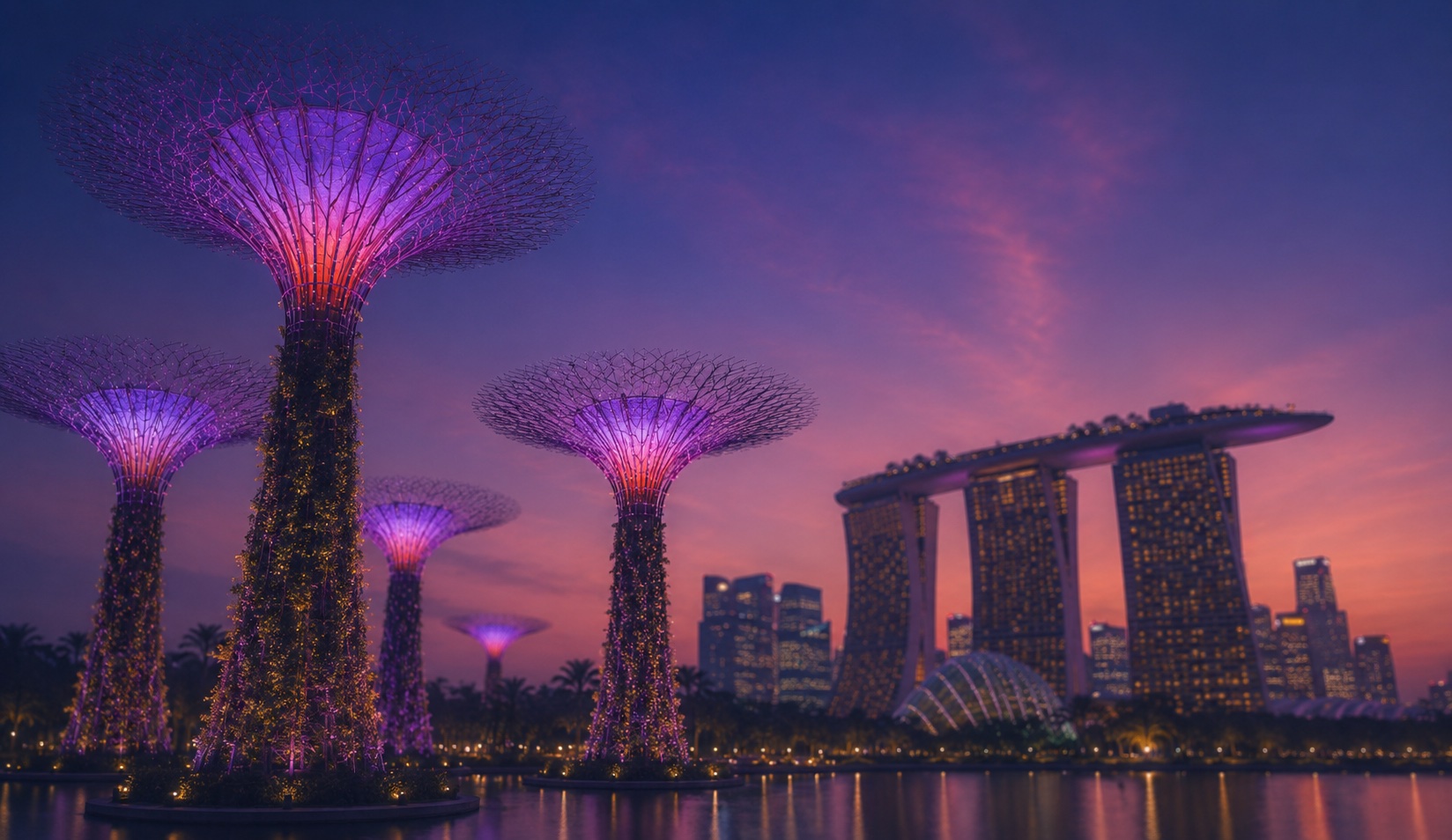 The Supertree Grove at Gardens by the Bay in Singapore is illuminated with purple lights at dusk, with Marina Bay Sands and downtown buildings visible in the background—a stunning scene not to be missed for visitors attending LSI Singapore 2026.