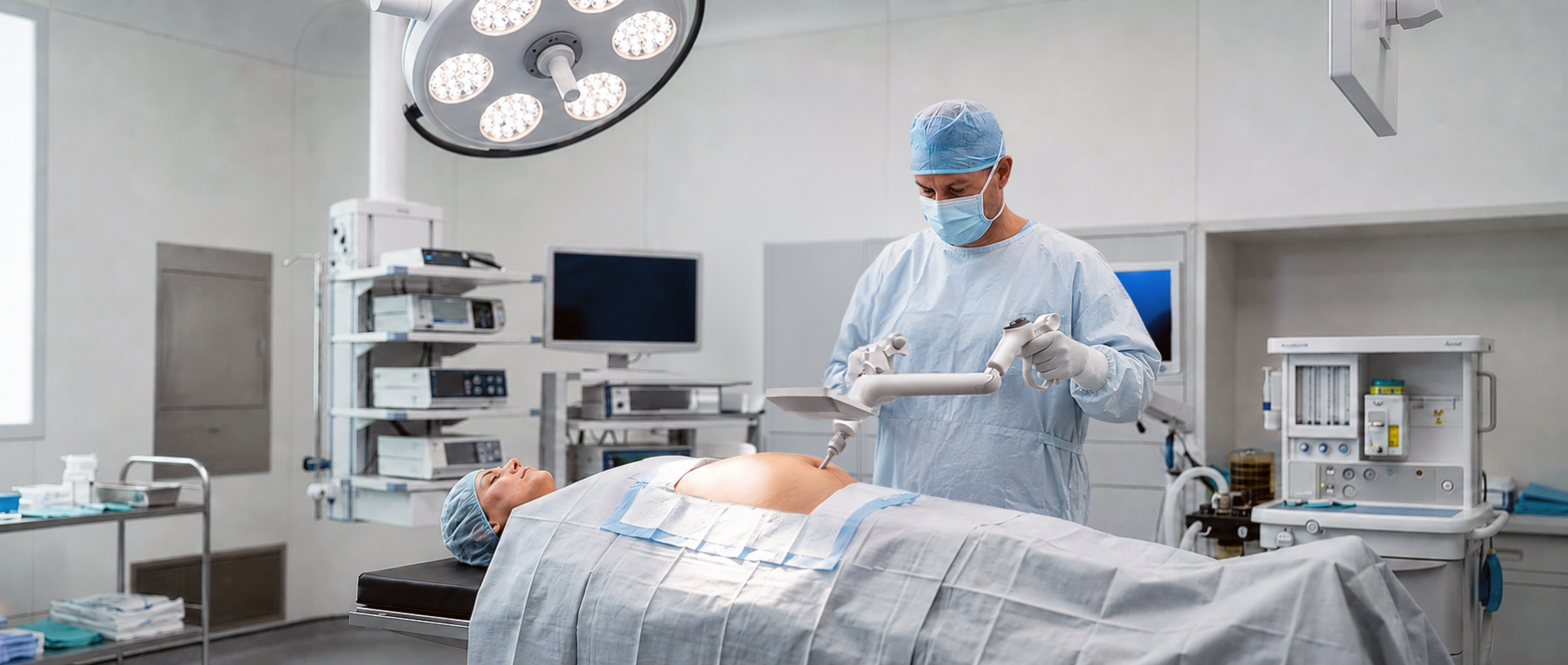 A surgeon using a single-use surgical robotics on a draped patient in an operating room.