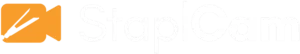 Orange video camera icon with a white stapler inside, next to the word "StaplCam" in large white text on a light gray background.