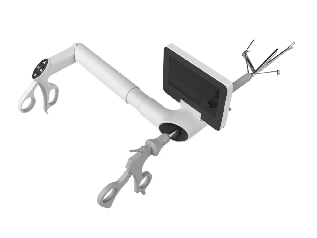 A robotic surgical instrument with scissor-like handles, a digital display screen, and articulated arms ending in precision surgical tools.