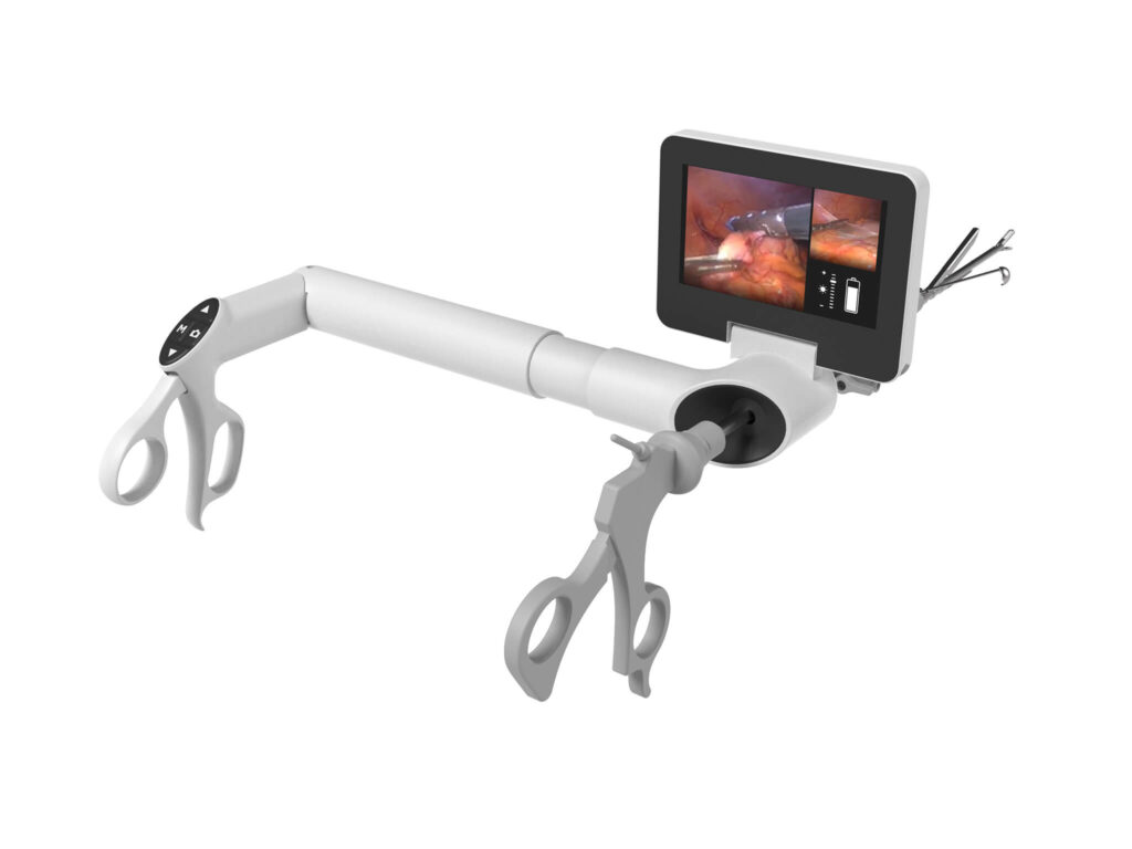 A robotic surgical system with two mechanical arms, control handles, and a display screen showing a live internal view.