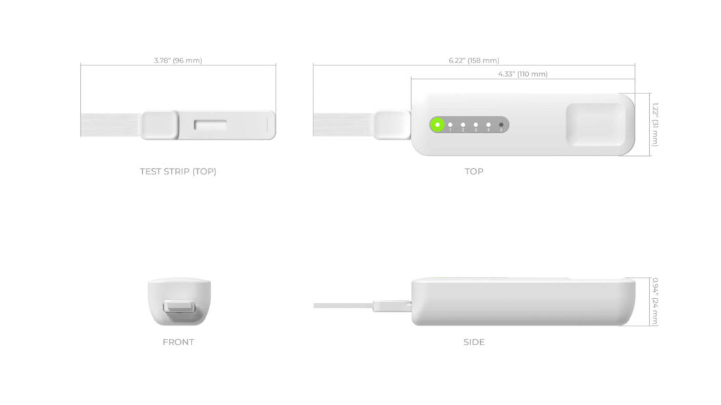 Diagram shows a white electronic test strip device with dimensions, LED indicators, and labeled views from the top, front, and side perspectives.