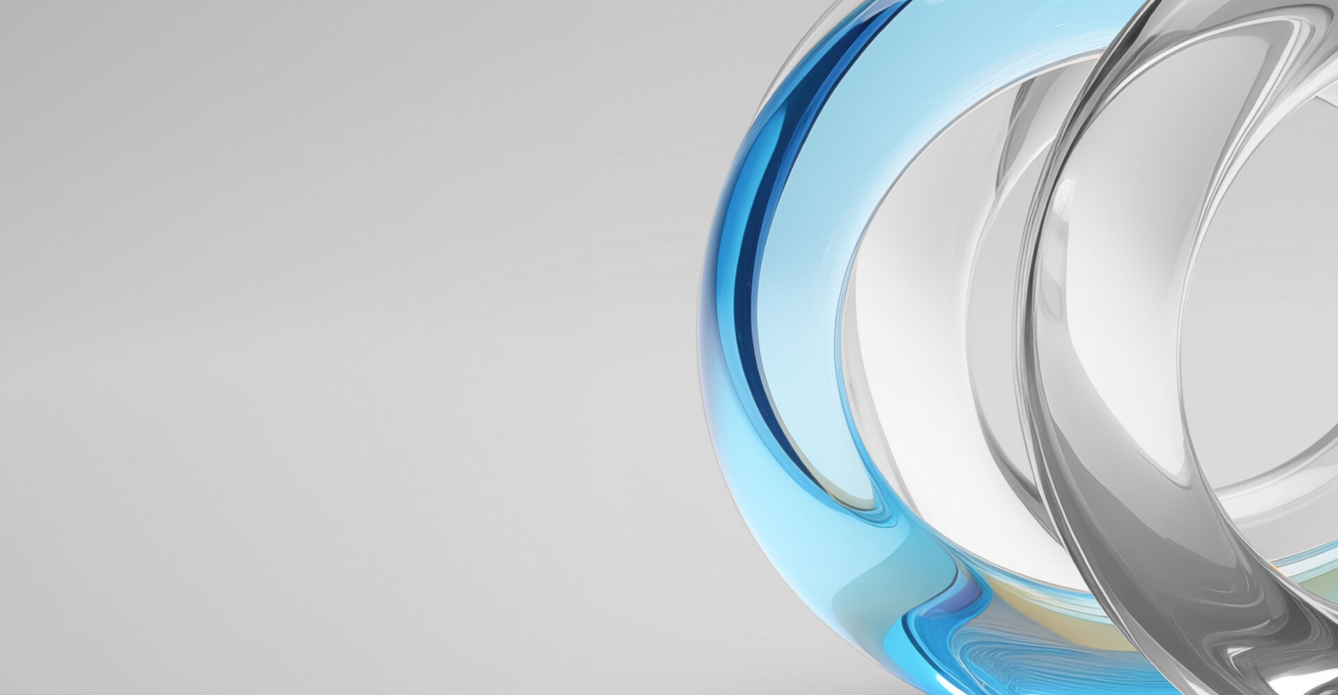 Abstract image featuring intertwined translucent blue and gray curved shapes on a light gray background, right side of frame.